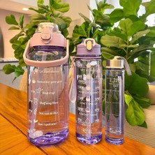 Madamev 3'lü Şeffaf Motivasyonel Su Matarası Sporcu Su Şişesi Figür Sticker Çıkartmalı Soft Purple Taşınabilir Seyahat Matarası Sızdırmaz Kapaklı Pipetli Suluk Kokusuz 2000 Ml. + 900 Ml. 500 Ml. Seti