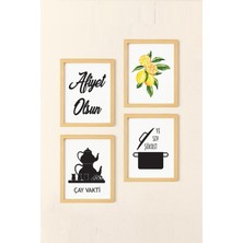 Ayışığı Dizayn Mutfak Afiyet Olsun Doğal Ahşap Çerçeveli 4'lü Tablo Seti