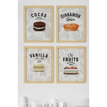 Ayışığı Dizayn Mutfak Tatlı Temalı Doğal Ahşap Çerçeveli 4'lü Tablo Seti