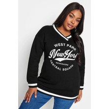 Stil Diva V Yaka Uzun Kollu Şerit Detaylı Baskılı Sweatshirt 302802