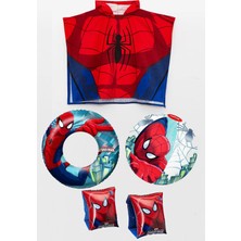 Marvel Spider-Man Lisanslı Örümcek Adam Panço Plaj Havlusu Kolluk+Simit+Top Set 3-6 Yaş