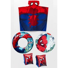 Marvel Spider-Man Lisanslı Örümcek Adam Panço Plaj Havlusu Kolluk+Simit+Top Set 3-6 Yaş