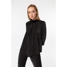 Laranor Truvakar Kol Şal Yaka Simli Krep Kumaş Suni Kürk Yaka Detay Hırka 46 - Siyah