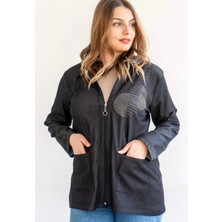 Akşen Giyim Büyük Beden Pfd Pamuk Kumaştan Imal Likralı Fermuar Kapamalı Taş Detaylı Kapşonlu Ceket