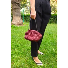 Craftatelier Deri Görünümlü Bordo Renk Zincir Detaylı El Örgüsü Clutch Çanta