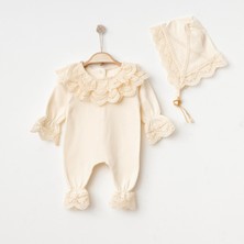 Buse & Eylül Bebe Ekru Güpürlü Şapkalı Kız Bebek Tulum Takım