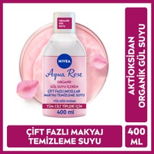 NIVEA Aqua Rose Organik Gül Suyu İçeren Çift Fazlı Makyaj Temizleme Suyu 400ml, Tüm cilt tipleri için, Yüz Göz ve Dudak Temizleme, Tonik Etkisi