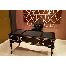 Masifart Oymalı Altın Varak Çizgili Çalışma Masası Siyah 140 cm