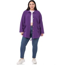 Disentis Modest Büyük Beden Katlamalı Kollu Cebi Büzgü Detaylı Uzun Mor Ceket