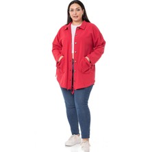 Disentis Modest Büyük Beden Katlamalı Kollu Cebi Büzgü Detaylı Uzun Kırmızı Ceket