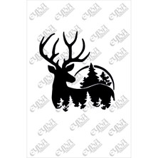 Geyik Çam Doğa Yılbaşı Süslemesi -Duvar Dekorasyon Sticker 73X69CM Beyaz Renk