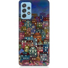 Teknomeg Samsung Galaxy A72 Uyumlu Minyatür Evler ve Gece Desenli Silikon Kılıf