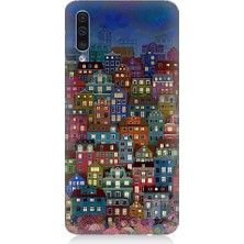 Teknomeg Samsung Galaxy A50 Uyumlu Minyatür Evler ve Gece Desenli Silikon Kılıf