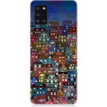 Teknomeg Samsung Galaxy A31 Uyumlu Minyatür Evler ve Gece Desenli Silikon Kılıf