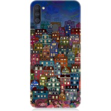 Teknomeg Samsung Galaxy A11 Uyumlu Minyatür Evler ve Gece Desenli Silikon Kılıf
