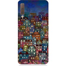 Teknomeg Samsung Galaxy A7 2018 Uyumlu Minyatür Evler ve Gece Desenli Silikon Kılıf