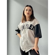 Ceylin Moda  Complex Kolları Deri Kolej Oversize T-Shirt - Beyaz