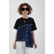 Zelish My Sister Siyah Denim Detaylı Asimetrik Tshirt
