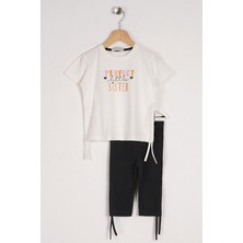 Zepkids Kız Çocuk Ekru Renkli Perfect Sister Baskılı Taytlı Takım