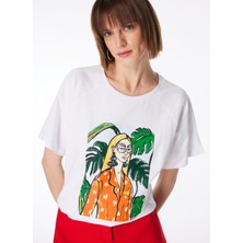 Fabrika Bisiklet Yaka Baskılı Kırık Beyaz Kadın T-Shirt F4SL-TST0109