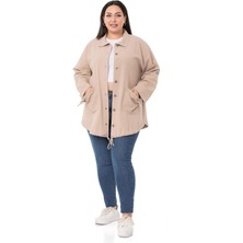 Disentis Modest Büyük Beden Katlamalı Kollu Cebi Büzgü Detaylı Uzun Bej Rengi Ceket