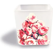 Tink Dekoratif Buzlu Cam Mumluk Pembe Güller Desen 8x8 cm (4 Adet)