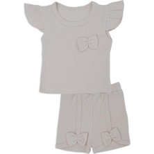 Bebelop Kız Bebek Çocuk Fiyonklu Raporlu Kısa Kol Badi Şort Ikili Takım