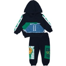 Bebelop Erkek Bebek Kot Cepli Garnili Alt Üst Kapüşonlu Eşofman Takımı