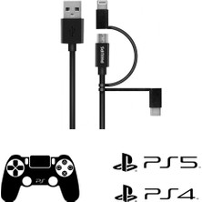 Philips Playstation 4 / 5 Ile Uyumlu Joystick Şarj Kablosu Mfi Apple Lisanslı 3in1 Micro-Lightining-Type-C Hızlı Şarj ve Data Kablosu 1.2m Siyah DLC3104T