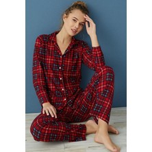 Rye Butik Kırmızı Süet Kadın Düğmeli Pijama Takım