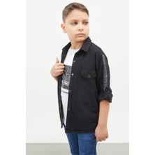 Wikiland Siyah Shark Baskılı T-Shirt ve Jean Gömlekli Erkek Çocuk 2'li Takım 17657 Şık ve Rahat