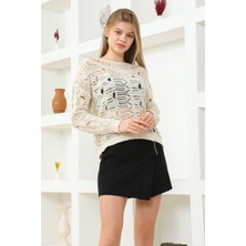 Zirve Kadın Ekru Kayık Yaka Distressed  Pamuk Içerikli Triko Kazak