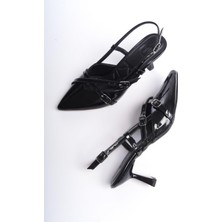 Modabuymus Ikpars Mary Jane Siyah Rugan Çapraz Iki Bantlı Stiletto Topuklu Ayakkabı