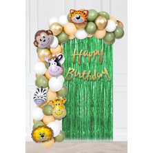 Pekshop Safari Tema Doğum Günü Hayvan Balonları Yeşil Perdeli Balon Zinciri Doğum Günü Süsleri Seti