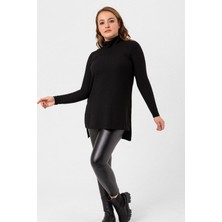 Laranor Siyah Büyük Beden Kadın Dik Balıkçı Yaka Bluz&Kazak Yandan Yırtmaçlı Günlük Stil