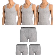 Belifanti Collection Erkek Pamuklu 3'lü Gri Atlet ve 3'lü Gri Boxer 6 Parça Set
