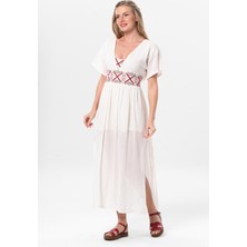 Eliş Şile Bezi Kısa Kol Köy Bezi Yaka ve Bel Nakış Detaylı Karya Kısa Yazlık Elbise Krem Krm