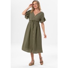 Eliş Şile Bezi Kısa Kol Büzgülü Afra Midi Boy Yazlık Müslin Elbise Haki Hk