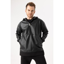 Gothamvibes Erkek Siyah Deri Hoodie Yağmurluk