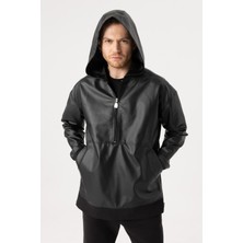 Gothamvibes Erkek Siyah Deri Hoodie Yağmurluk