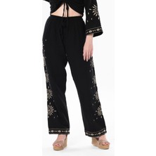Eliş Şile Bezi Beli Lastikli Günışığı Yazlık Müslin Pantolon Siyah Syh