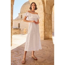 Monamise 23078 Kadın Volanlı Fisto Elbise-Beyaz