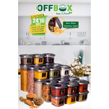 OFFBOX SET-5K 24 Lü Kare Erzak Bakliyat Saklama Kabı Baharatlık Takımı 40 Etiket Hediyeli Çeyiz Seti