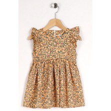 Zepkids Kız Çocuk Sarı Renkli Yakası Büzgülü Sıfır Kol Çiçek Desenli Elbise