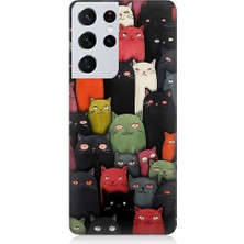 Teknomeg Samsung Galaxy S21 Ultra Edition Uyumlu Komik Kedi Yüzleri Desenli Silikon Kılıf