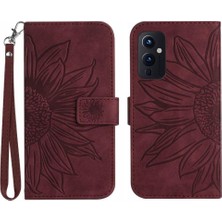 BDT Boutique Oneplus 9 Için Kılıf Lüks Pu Deri Kabartmalı Ayçiçeği Kısa Kayış Flip (Yurt Dışından)