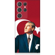 Teknomeg Samsung Galaxy S23 Ultra Uyumlu Mustafa Kemal Atatürk ve Bayrak Desenli Silikon Kılıf