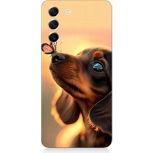 Teknomeg Samsung Galaxy S21 Fun Edition Uyumlu Sevimli Köpek ve Kelebek Desenli Silikon Kılıf