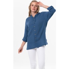 Eliş Şile Bezi Uzun Kol Kapüşonlu Kadın Yazlık Müslin Sweatshirt Indigo Indg