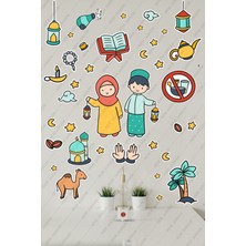 New Jargon Elinde Fener Tutan Çocuklar Ramazan Sticker Seti - Ramazan Ayı Temalı Cam Duvar Süsleri Çocuk Odası